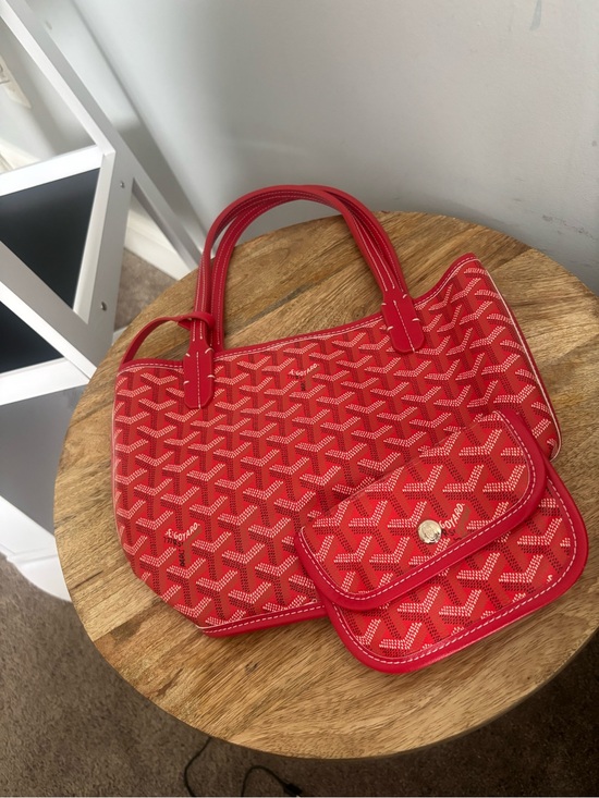 Handbags - Red Patterned Tote Bag with Front Pouch